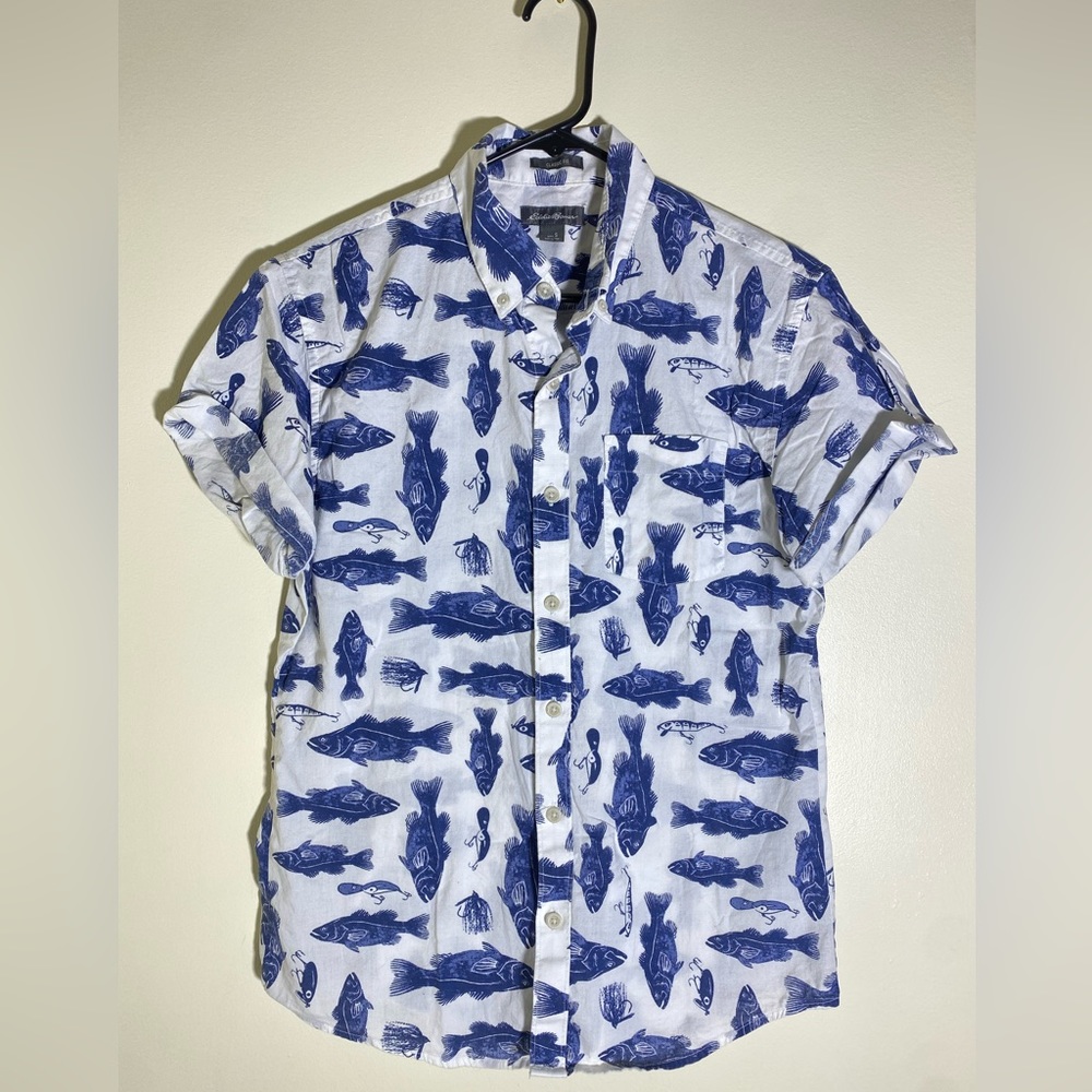 Eddie Bauer Blue Fish Button-Down T-Shirt — Small